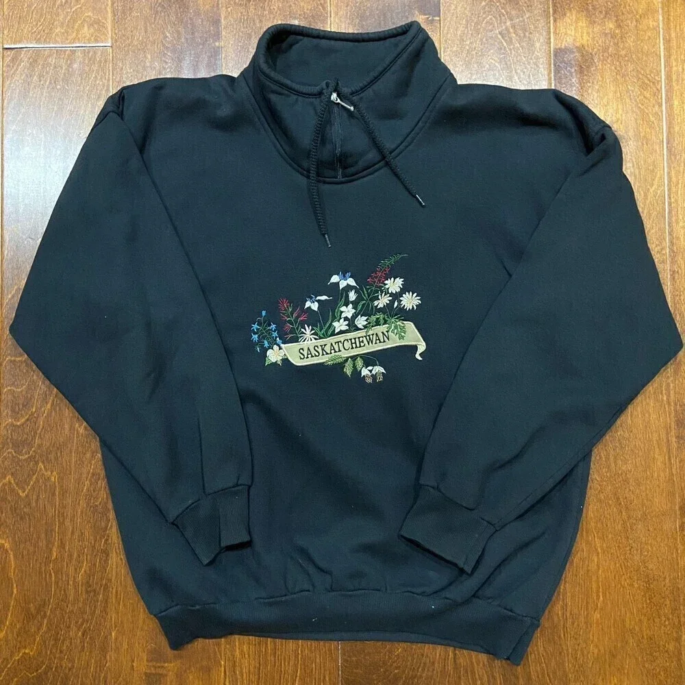 Saskatchewan Canada Vintage Cowl Neck Sweatshirt Black Embroidered Women's M - Picture 3 of 8